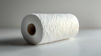 White paper towel roll on neutral gray background with soft shadow, minimalist composition for cleaning and hygiene concepts.