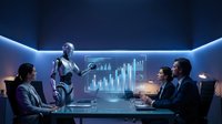 Humanoid robot presenting financial data charts to business team in futuristic conference room with holographic display technology for corporate meetings.