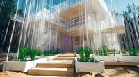 Modern architectural visualization showing transparent structure with white linear elements, wooden steps, and green plants in concrete planters. Outdoor design concept.