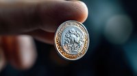 Close-up macro shot of British one pound coin held between fingers showing detailed relief pattern and metallic texture against blurred dark background.