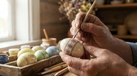 Senior craftsman hand-painting decorative Easter eggs with fine brush in traditional workshop setting with colorful painted eggs and art supplies.