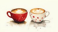 Two polka dot coffee cups with latte art hearts and rosetta patterns in creamy foam, red and white ceramic mugs on soft watercolor background, cozy cafe style.