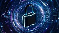 Digital padlock icon surrounded by glowing data streams and circuit patterns representing cybersecurity, data protection and network security technology.