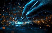 Glowing blue hand with pen drawing luminous golden lines against dark background with magical sparkles and light particles creating ethereal artistic effect.