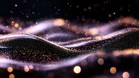 Glowing particles flow in smooth waves against dark background with bokeh light effects and sparkles creating magical atmospheric composition.