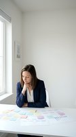 Thoughtful businesswoman in navy blazer analyzing colorful sticky notes and charts at white desk by window in minimalist office space.