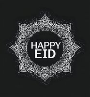 White ornamental mandala frame with Happy Eid text on black background. Decorative Islamic holiday greeting design with intricate floral patterns and sparkles.