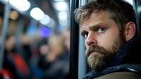 Bearded Caucasian man with intense gaze looking through window on public transport, wearing dark winter clothing against blurred urban background with bokeh lights.
