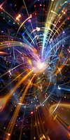 Vibrant spiral of light rays and musical notes creating dynamic motion effect with blue and orange glowing streaks against dark background, for technology or music designs.