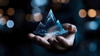 Glowing blue mountain hologram floating above open palm against dark background with bokeh lights, showcasing futuristic technology visualization concept.