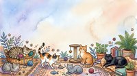 Watercolor illustration of a ginger cat playing with yarn balls surrounded by potted plants, gardening tools, and craft supplies on wooden surface.