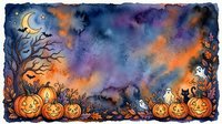Halloween night scene with glowing jack-o-lanterns, spooky bare trees, flying bats and crescent moon against purple orange watercolor sky for seasonal designs.