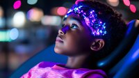 Young African American girl with illuminated purple LED string lights in her natural hair gazes upward against blurred bokeh background in dreamy nighttime setting.