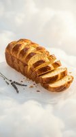 Freshly baked brioche bread loaf sliced on white marble surface with lavender sprigs for artisan bakery and gourmet cooking concepts.