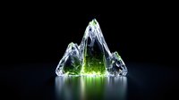 Glowing crystal mountain formation with green light emanating from within against dark background, creating mystical atmosphere and reflection on surface.