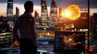 Businessman looking at financial data on computer screen while standing near window with dramatic city skyline view during golden sunset hour.