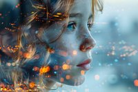 Young woman profile with glowing orange and blue bokeh light effects overlaid on contemplative facial features against ethereal winter background. Artistic portrait composition.