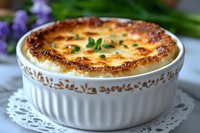 Creamy baked French onion soup topped with melted gruyere cheese and fresh herbs served in traditional white ceramic ramekin with decorative pattern on lace doily.