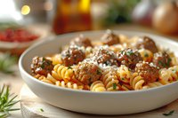 Homemade fusilli pasta with juicy meatballs in tomato sauce, garnished with fresh herbs and parmesan cheese, served in white ceramic bowl on wooden table.
