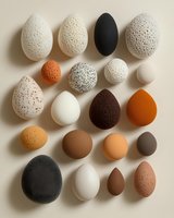 Collection of various bird eggs in different natural colors and textures arranged in neat rows on neutral background showing diversity in size, pattern and shade.