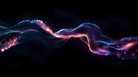 Glowing particle wave with pink and blue light effects flowing on black background, abstract digital art visualization showing dynamic motion and energy.