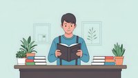 Young man reading book at desk with plants and books in modern home office interior for education and learning concepts.