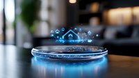 Futuristic smart home hologram floating above glowing platform with blue digital icons showing connected devices and automation features on blurred background.