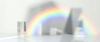 Modern geometric shapes with vibrant rainbow light refraction creating an abstract composition. Isolated on white background, suitable for design projects and creative concepts.