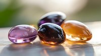 Colorful transparent vitamin supplement capsules in purple, brown and orange on reflective surface with soft natural lighting and shallow depth of field.