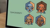 Team diversity concept with geometric portraits of multicultural professionals on green background for corporate presentations and workplace inclusion materials.