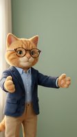 Orange tabby cat wearing glasses and business suit giving thumbs up gesture in professional office setting for corporate success concepts.