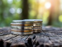 Stack of silver coins on rustic wooden surface with soft bokeh background and natural sunlight creating warm atmosphere for financial concepts.
