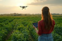 Young woman in red sweater operating drone with tablet over agricultural field during golden sunset, monitoring crop growth in green farmland.