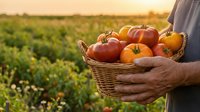 Farmer holding wicker basket full of fresh ripe tomatoes at sunset in organic vegetable garden. Harvest time concept for healthy eating and agriculture.