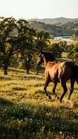 Chestnut horse galloping through golden meadow at sunset with rolling hills and oak trees in pastoral countryside landscape for equestrian and nature themes.