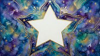 Watercolor celestial star frame with gold accents on a cosmic galaxy background in purple, blue, and green tones with copy space.