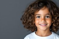 Cheerful mixed race child with curly brown hair and bright smile wearing white t-shirt against gray background, looking at camera with natural expression.
