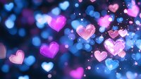 Glowing pink and blue heart shapes floating on dark background with bokeh effect and sparkles, romantic Valentine's day abstract love concept for greeting cards.