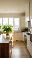 Modern kitchen with cream cabinetry, stainless steel appliances, and wooden island featuring fern plant on countertop near bright windows for home design and interior decoration projects.