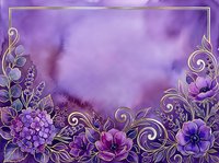 Ornate purple floral border with gold swirls on watercolor background, ideal for invitations, greeting cards, and decorative design projects.