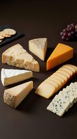 Gourmet cheese platter with variety of artisanal cheeses, crackers and grapes on dark background for culinary presentations and food photography.