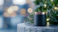 Minimalist black cosmetic jar on concrete surface with bokeh lights and green leaves, elegant product photography for beauty and skincare marketing.