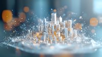 Futuristic miniature city skyline with glowing buildings and digital network connections on circular platform, surrounded by bokeh light effects.