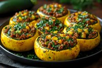 Yellow squash rounds filled with seasoned ground meat and vegetables, topped with fresh herbs and served on dark plate, appetizing homemade meal.