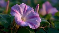 Morning glory flower with dewdrops blooming in garden, purple pink petals with white center, natural floral background for botanical and gardening projects.
