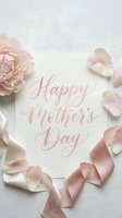 Happy Mother's Day greeting card with pink peony flower and rose petals on white background for celebration and gift giving.