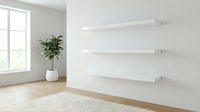Modern minimalist interior with white floating shelves on wall, wooden floor, potted plant by window for home decor and organization solutions.