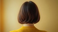 Back view of woman with short brown bob haircut wearing yellow turtleneck sweater against warm gold background.