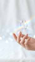 Hand reaching for floating crystal water drop with rainbow light refraction on soft white background for wellness and purity concepts.