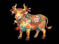 Decorative cow with ornate floral patterns, golden horns, and traditional folk art design isolated on transparent background. Ready for t-shirts, clipart, stickers, and print-on-demand products.